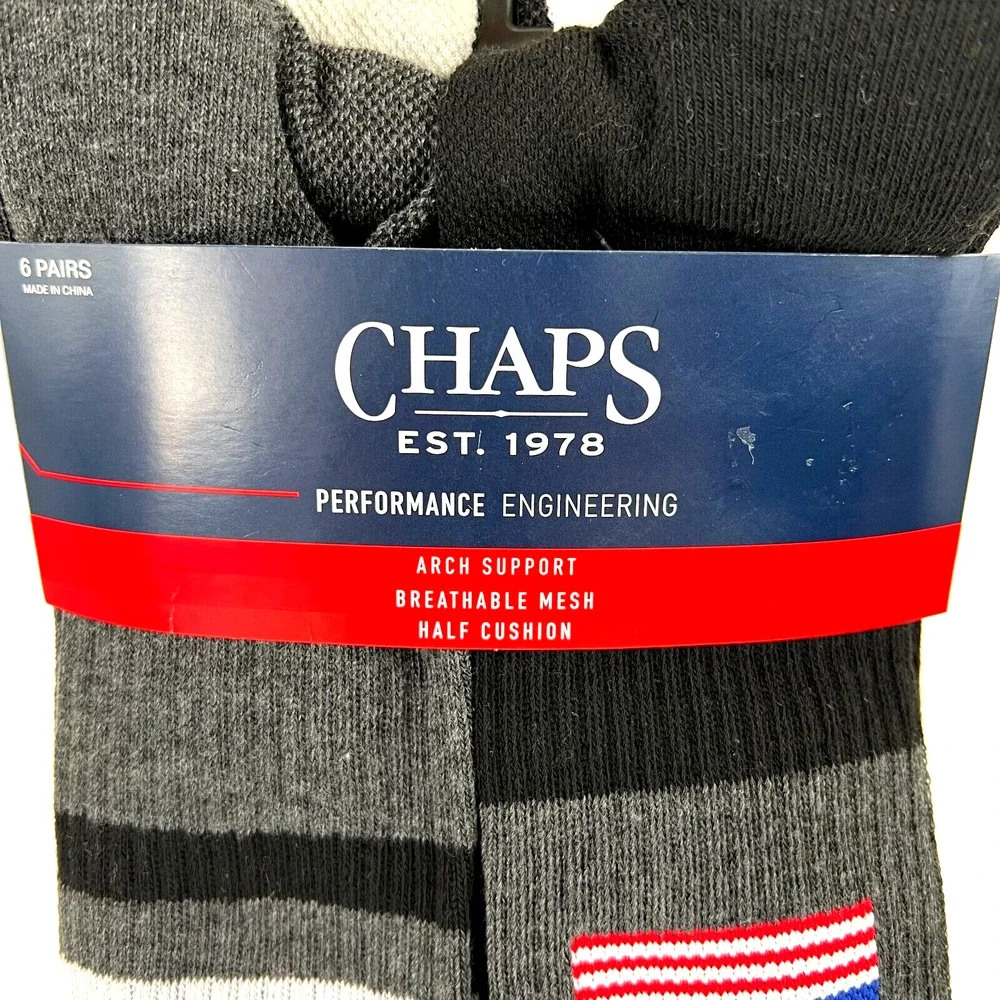 NEW Chaps Men’s Athletic Crew Socks 6 Pairs Arch Support Black Shoe Size 6-12.5